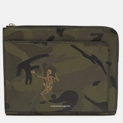 Pre-owned Alexander Mcqueen Dancing Skeleton Green Camouflage Leather Clutch In Multi