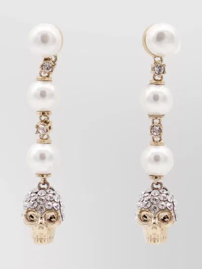 Alexander Mcqueen Dangling Pearl Skull Crystal Earrings In Gold