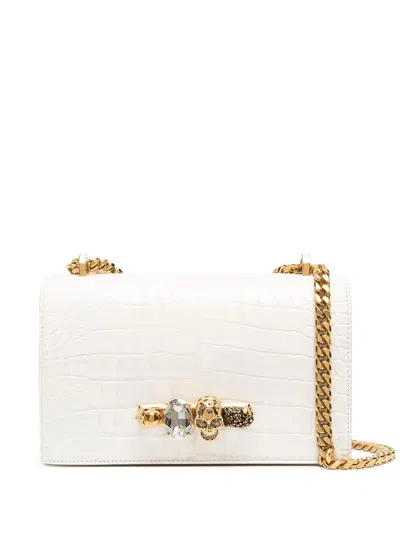 Alexander Mcqueen Mini Jeweled Croc Embossed Leather Satchel In Deep Ivory
