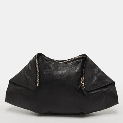 Pre-owned Alexander Mcqueen De Manta Black Skull Embossed Leather Clutch