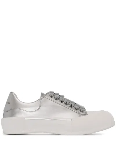 Alexander Mcqueen Silver Deck Plimsoll Low Top Leather Sneakers