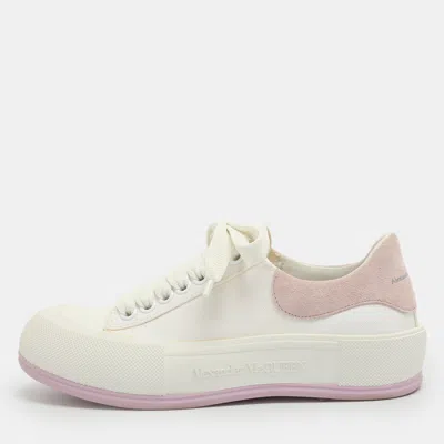 Pre-owned Alexander Mcqueen Deck Plimsoll Size 37 White/beige Canvas And Suede Lace Up Sneakers