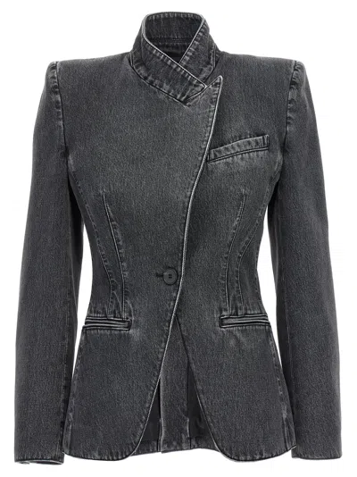 Alexander Mcqueen Twisted Stitching Denim Jacket In Black