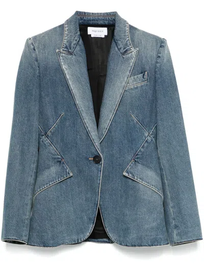 Alexander Mcqueen Single-breasted Denim Blazer In Blue