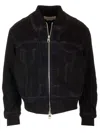 Alexander Mcqueen Black Bomber Jacket With Ghostwash Print In Cotton Denim Man