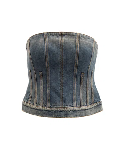 Alexander Mcqueen Denim Corset-construction Jacket In Blue
