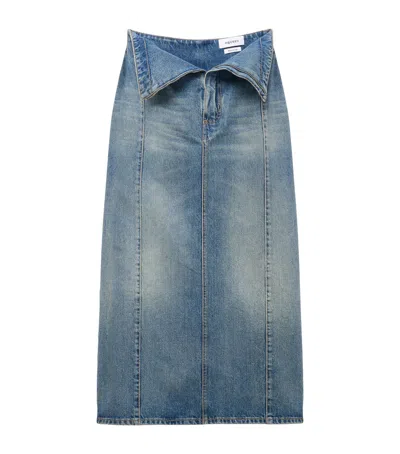 Alexander Mcqueen Denim Foldover Waist Midi Skirt In Indigo Stonewashed