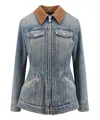 Alexander Mcqueen Peplum Corduroy-trimmed Denim Jacket In Blue