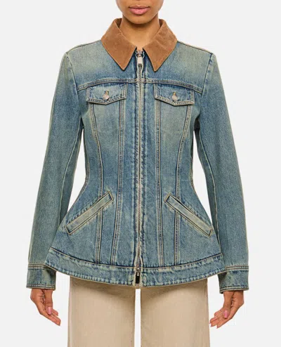 Alexander Mcqueen Corduroy Collar Peplum Denim Jacket Clothing In Blue