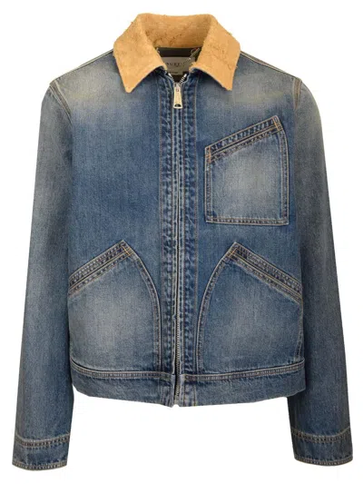 Alexander Mcqueen Men Washed Blue Ddenim Jacket With Suede Collar