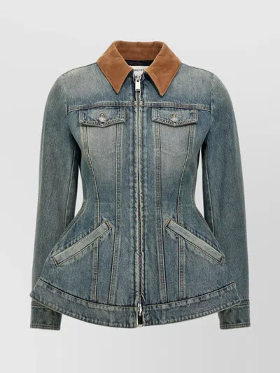 Alexander Mcqueen Peplum Corduroy-trimmed Denim Jacket In Blue