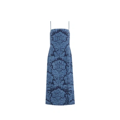 Alexander Mcqueen Denim Midi Pencil Dress In Gold