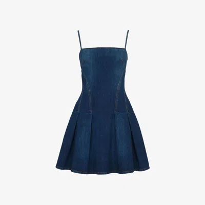 Alexander Mcqueen Pleated Denim Mini Dress In Blue