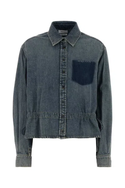 Alexander Mcqueen Denim Regular Solid Shirt In Gray