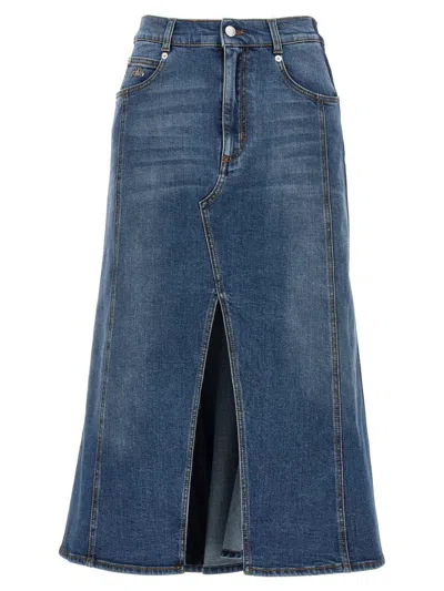 Alexander Mcqueen Mcqueen Half-wheel Midi Denim Skirt With Front Split In Blue