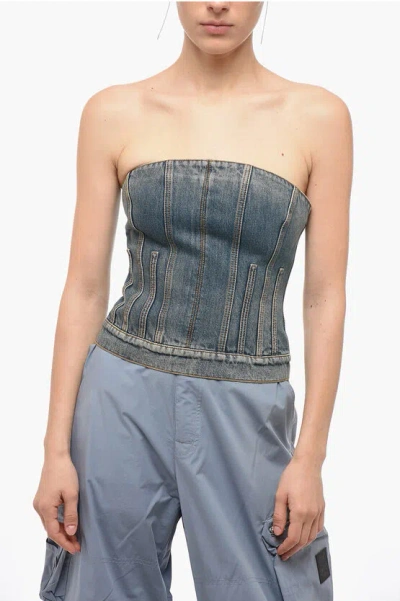 Alexander Mcqueen Faded-wash Contrast-stitch Denim Top In Washed Blue