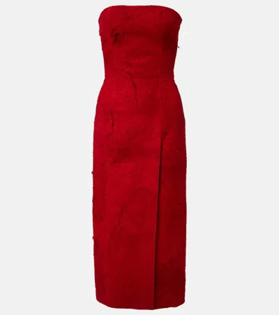 Alexander Mcqueen Distressed Strapless Suede Midi Dress In Red