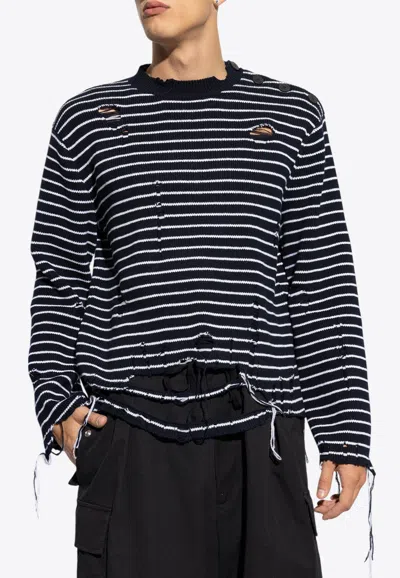 Alexander Mcqueen Distressed Striped Wool Sweater In Blue