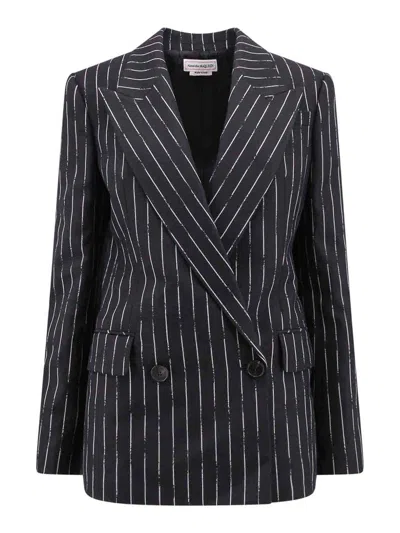 ALEXANDER MCQUEEN DOUBLE-BREASTED BROKEN PINSTRIPE BLAZER