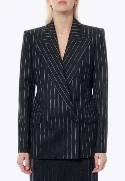 Alexander Mcqueen Double-breasted Broken Pinstripe Wool Blazer In Black