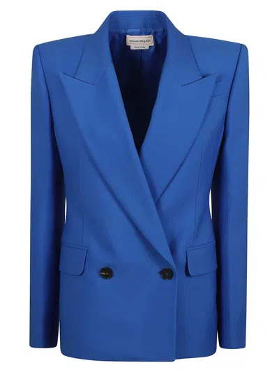 Alexander Mcqueen Double-breasted Structured Jacket With Wide Lapels In Blue