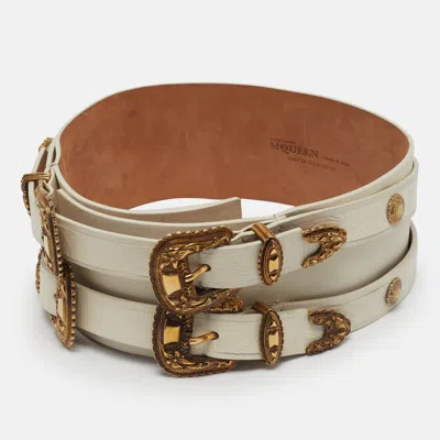 Pre-owned Alexander Mcqueen Double Buckle 65cm Wide Belt White Leather