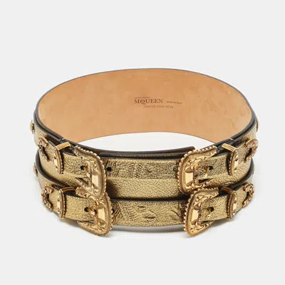 Pre-owned Alexander Mcqueen Double Buckle 70cm Wide Belt Gold Leather