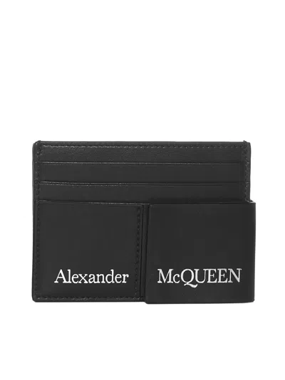Alexander Mcqueen Double Card Holder In Black Leather With Logo In Nero