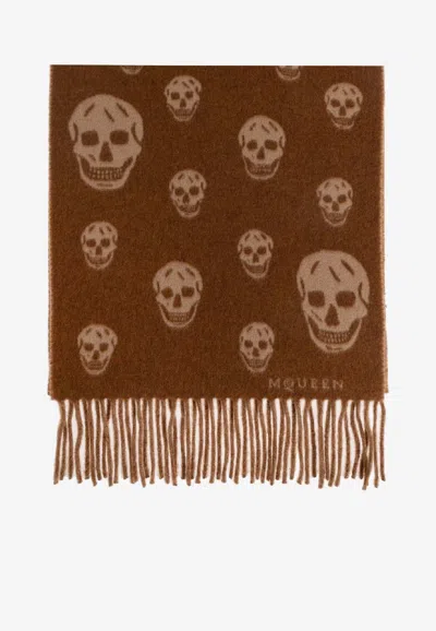 Alexander Mcqueen Double Face Skull Scarf In Brown