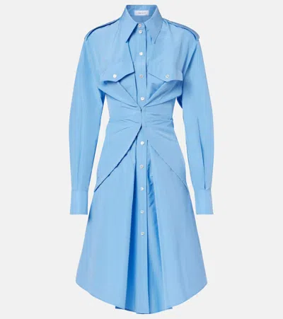 Alexander Mcqueen Mcqueen Long Sleeve Gathered Cotton Blend Shirtdress In Blue