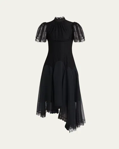 Alexander Mcqueen Draped Floral Lace High-low Midi Dress In Black