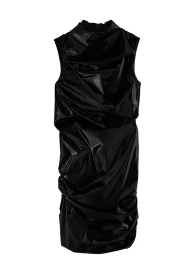 Alexander Mcqueen Draped Glossed Shell Midi Dress In Black