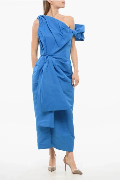 Alexander Mcqueen Draped Midi Dress With Front Split In Blue