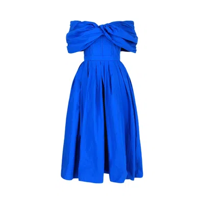 Pre-owned Alexander Mcqueen Draped Off-the-shoulder Midi Dress 'blue' | Women's Size 40