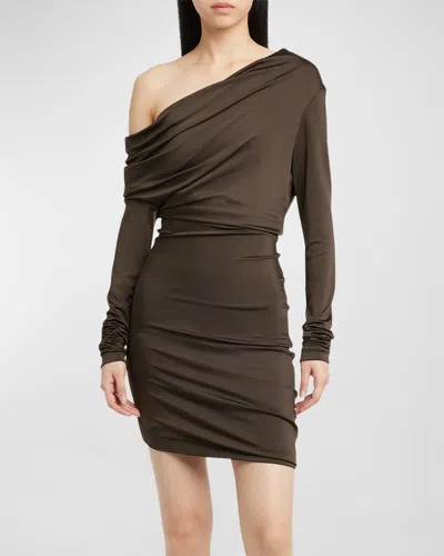 Alexander Mcqueen Draped One-shoulder Long-sleeve Jersey Mini Dress In Brown