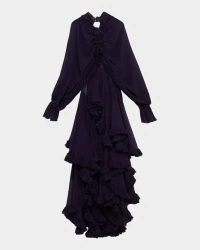 Alexander Mcqueen Draped Open-back Ruffle Cape Gown In Black