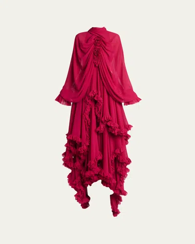 Alexander Mcqueen Draped Open-back Ruffle Cape Gown In Pink
