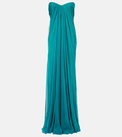Alexander Mcqueen Draped Silk Chiffon Bustier Gown In Blue