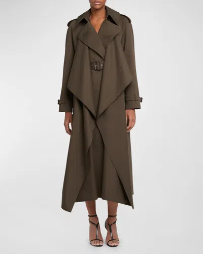 Alexander Mcqueen Double-breasted Trench Coat With Draped In Khaki