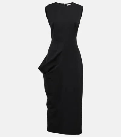 Alexander Mcqueen Draped Wool Midi Dress In Black