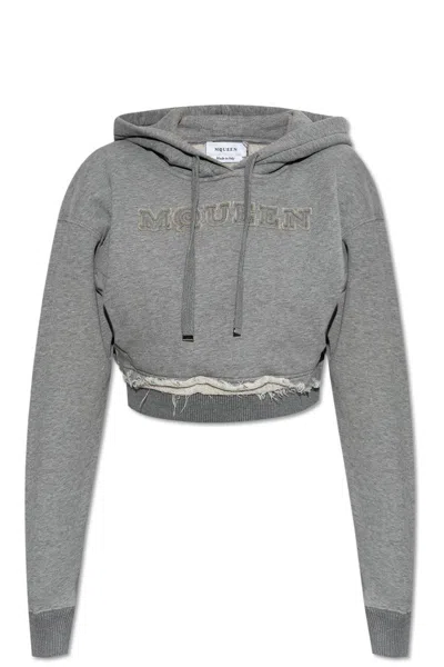 ALEXANDER MCQUEEN DRAWSTRING DISTRESSED CROPPED HOODIE