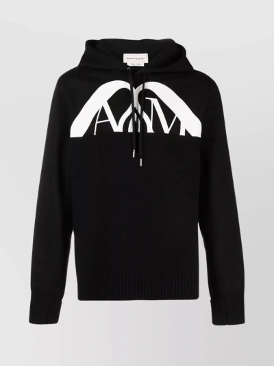 Alexander Mcqueen Drawstring Hooded Sweater With Ribbed Hem And Cuffs In Black