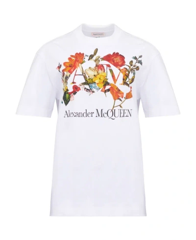 Alexander Mcqueen Dutch Flower Logo-prined Crewneck T-shirt In White