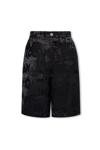 Alexander Mcqueen Dynamic Men's Black Logo Patterned Satin Shorts | Mid-length Silhouette