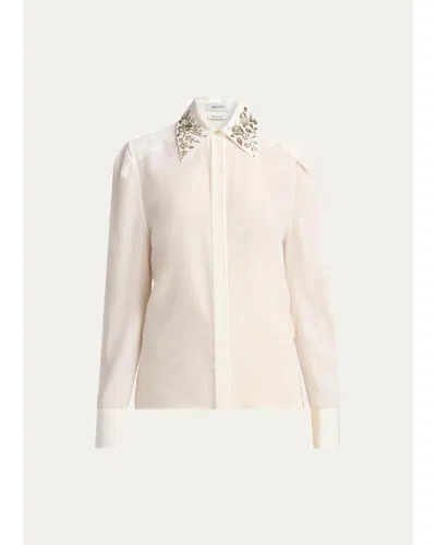 Alexander Mcqueen Embellished Collar Silk Button-down Shirt In White