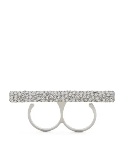 Alexander Mcqueen Embellished Cross-bar Double Ring In Silver