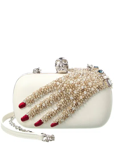 Pre-owned Alexander Mcqueen Embellished Hand Leather Skull Clutch (authentic Pre-loved) In White