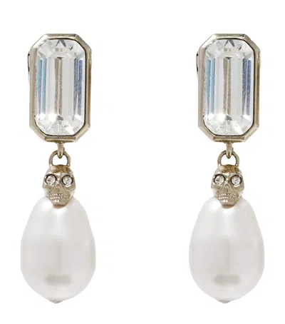 Alexander Mcqueen Embellished Skull Drop Earrings In White