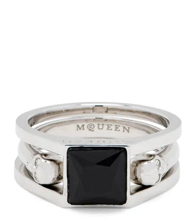 Alexander Mcqueen Embellished Twin Skull Ring In Black