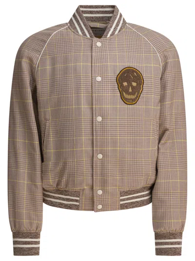 Alexander Mcqueen Skull Patch Prince Of Wales Bomber Jacket In Brown